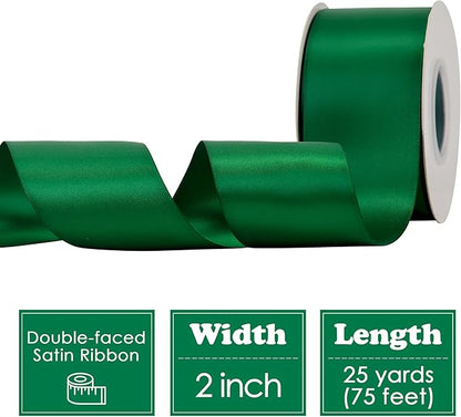 HUIHUANG Forest Green Ribbon 2 inch Double-Faced Forest Green Silk Fabric Ribbon for Christmas, Crafts, Bows Making, Flower Bouquet Wrap, Gift Wrapping, Home Decor, Hairs-25 Yards/Roll