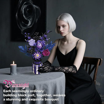 Flowers Bouquet Building Set Roses Purple Compatible with Lego Botanical Collection Gothic for Women Adults Girls 14+ Home Office Decor