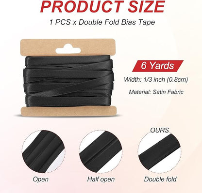 MECCANIXITY Double Fold Bias Tape for Sewing 1/3 Inch x 6 Yards Satin Pre-fold Continuous Binding Tape for Seaming Quilting Hemming Binding DIY Crafts, Black