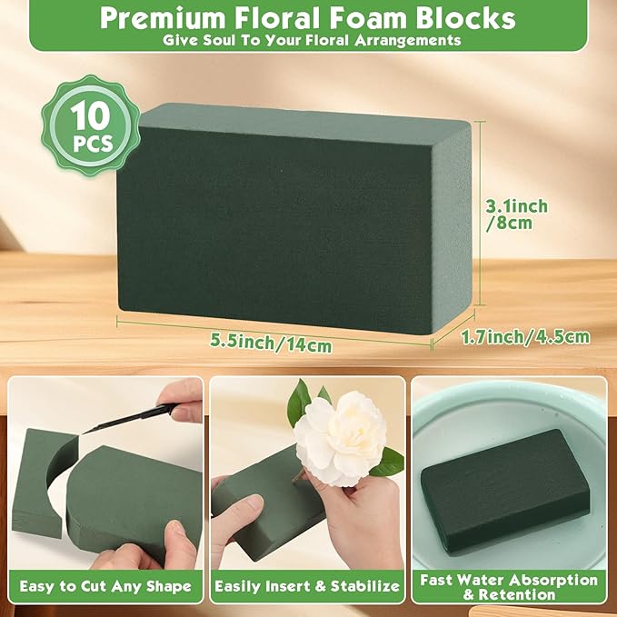 MAPVOLUT 10 Pcs Green Floral Foam Blocks (5.5” x 3.1” x 1.7”) with 2 Rolls Waterproof Floral Tape - 12mm x 65.62ft, for Fresh or Artificial Flower Arrangements, DIY Wedding, Home Decor, and Crafts