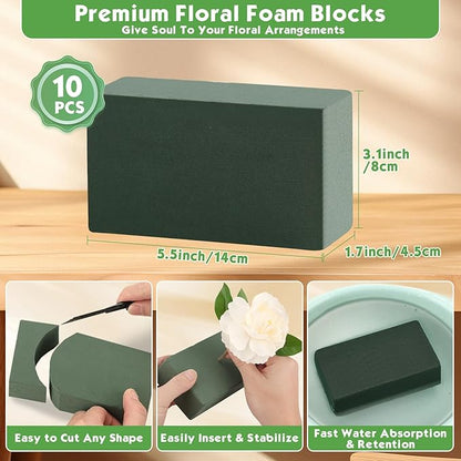 MAPVOLUT 10 Pcs Green Floral Foam Blocks (5.5” x 3.1” x 1.7”) with 2 Rolls Waterproof Floral Tape - 12mm x 65.62ft, for Fresh or Artificial Flower Arrangements, DIY Wedding, Home Decor, and Crafts
