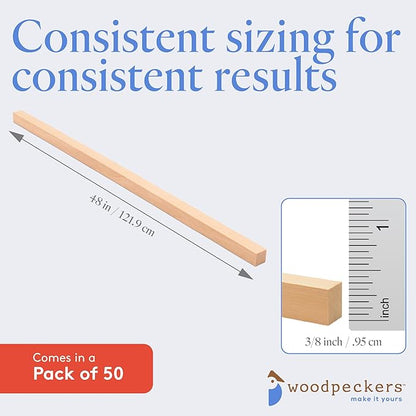 Wood Square Dowel Rods 3/8-inch x 48 Pack of 50 Wooden Craft Sticks for Crafts and Woodworking by Woodpeckers