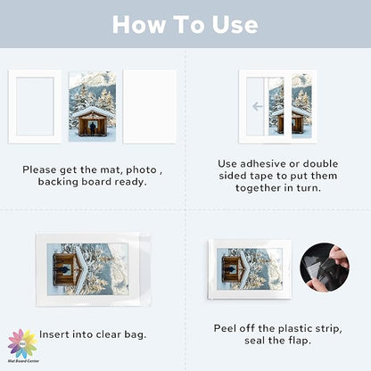 Mat Board Center, Pack of 50, 5x7 for 4x6 White Mat Kit - Acid Free, 4-ply Thickness, White Core - Includes Backing Boards and Clear Bags - for Pictures, Photos, Framing