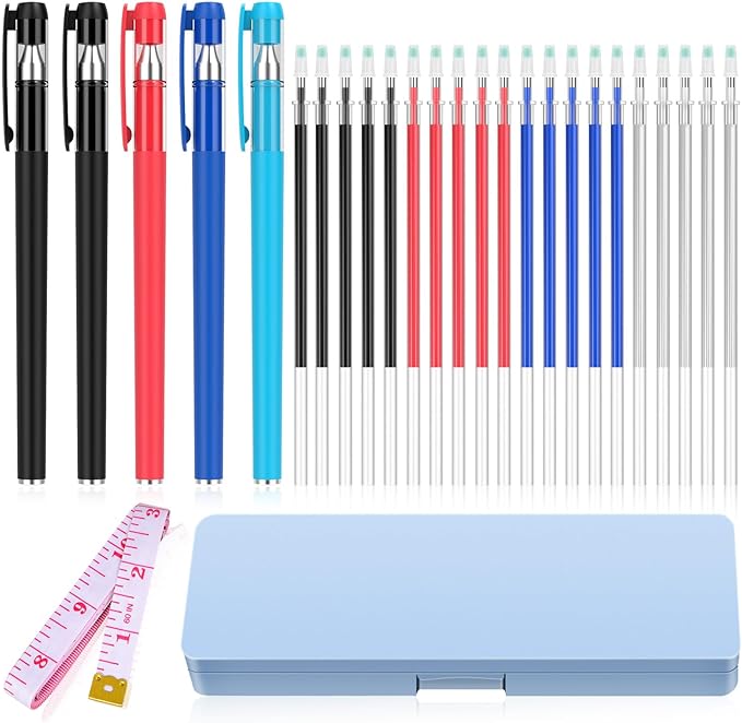 fabric markers for sewing, heat erasable pens for fabric sewing and quilting, 5 pens + 20 refills, embroidery fabric pen, disappearing ink pen for fabric, tailors marking, sewing supplies.