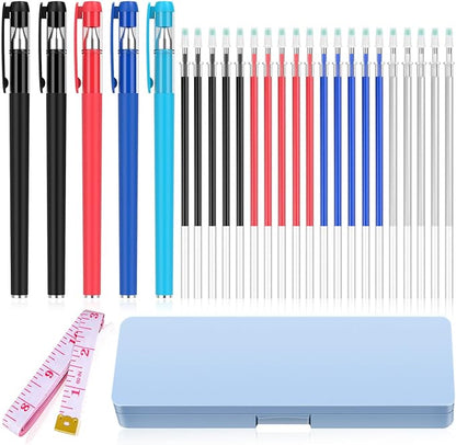 fabric markers for sewing, heat erasable pens for fabric sewing and quilting, 5 pens + 20 refills, embroidery fabric pen, disappearing ink pen for fabric, tailors marking, sewing supplies.