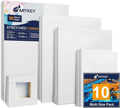 Stretched Canvases for Painting 4x4, 5x7, 8x10, 9x12, 11x14 Inch 10-Pack, 10 oz Triple Primed Acid-Free 100% Cotton Blank Art Canvas for Oil Paint Acrylics Pouring & Wet Art Media, Pour Painting