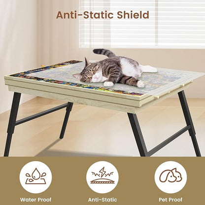 Large Puzzle Board & Puzzle Table with Folding Legs and Drawers 36″ × 26″ Tilt Tabletop for 1500 Piece Puzzle Board, Portable Ergonomic Puzzle Table for Family Bonding & Cognitive Therapy