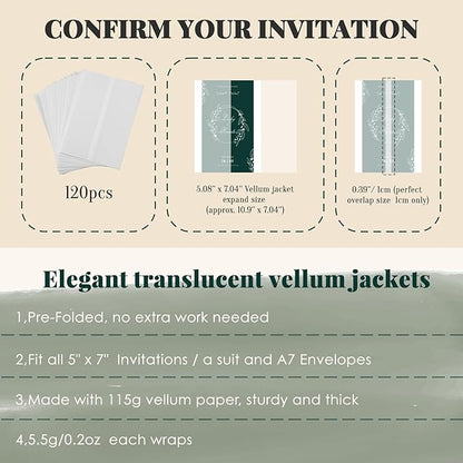 UNIQOOO 120 Pack Pre-Folded Vellum Jackets for 5x7 Invitations, Elegant Semi-Transparent Vellum Paper, 115GSM Wedding Invitation Accessories, for Envelope Liners 5x7 Inserts
