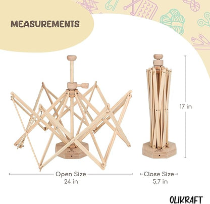 Olikraft Wooden Yarn Swift | Lightweight Reverse Yarn Umbrella Swifts | Ball Swift | Skein Winder | No Clamp Required (Patented)