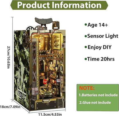 ISSEVE Book Nook Kit, 3D Wooden Puzzle DIY Miniature House Kit for Booknook Shelf Insert Decoration, Magic Book House Stand Bookshelf Dollhouse for Adults with Sensor Ligh (Military Base)
