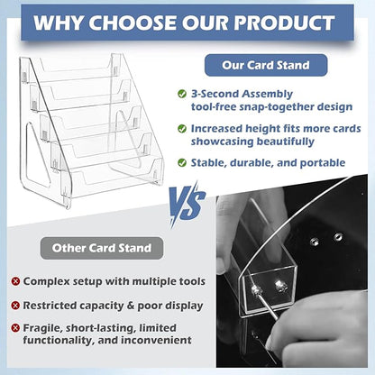 Upgraded 5 Tier Acrylic Card Display Stand, Clear Display for Greeting Cards, Sports Cards, Postcards, Stickers & Brochures, Easy Snap-On, Increased Height & Thickness for Better Presentation