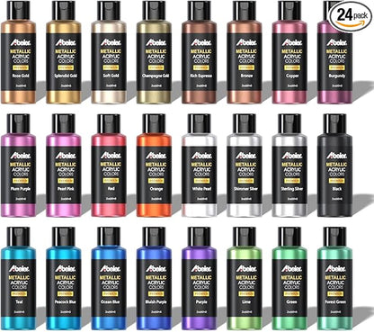 ABEIER Metallic Acrylic Paint, Set of 24 Metallic Colors in 2oz/60ml Bottle, Rich Pigments, Non Fading, Non Toxic Paints for Artist, Beginners & Kids Painting on Rocks Crafts Canvas Wood, Fabric&Stone