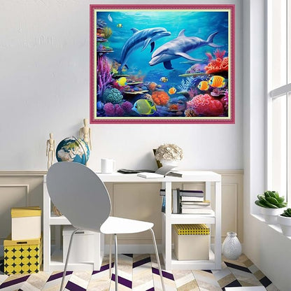 Disnesart Cross Stitch Stamped Full Embroidery Kits DIY 11CT Cotton Thread Printed DIY Needlepoint Kits Craft Needlework Set Cross-Stitch Stamped Sets-Dolphin Underwater World 16x20 inch