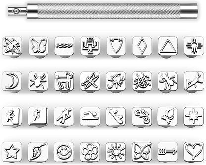 33 PCS Leather Stamping Tool Set, 32 PCS Leather Stamps Patterns + 1 Stamping Handle for Craft, Quality Craft Tool Stamp Set for DIY Beginners and Professionals