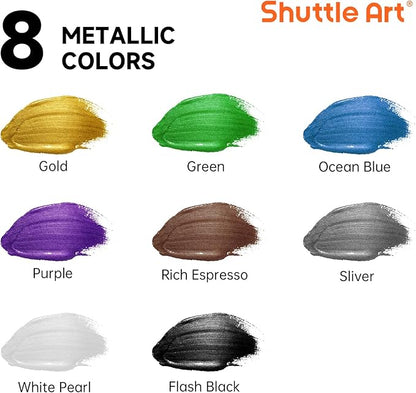 Shuttle Art 8 Colors Metallic Acrylic Paint, 250ml/8.45oz Bottles Acrylic Paint Set, Rich Metallic Shade, Bulk Painting Supplies for Artists, Beginners and Kids Painting on Rocks Crafts Canvas Wood