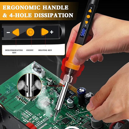 Soldering Iron Kit,80W LED Display Adjustable Temperature Soldering Iron Kit with Automatic Sleep Mode, Includes 5 Tips, Solder Wire, Stand, Flux - Professional Orange Welding Tool for Repair and DIY