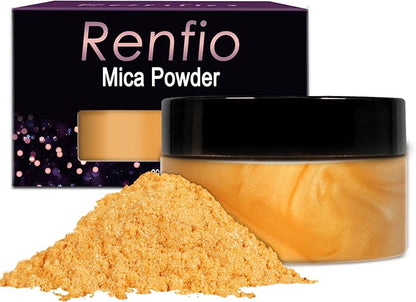 Renfio 100g Mica Powder Pigment Natural Fine Powdered Pigments Pearl Shimmer Epoxy Resin Dye for Painting Soap Making Slime Bath Bombs 3.5 Oz - Gold