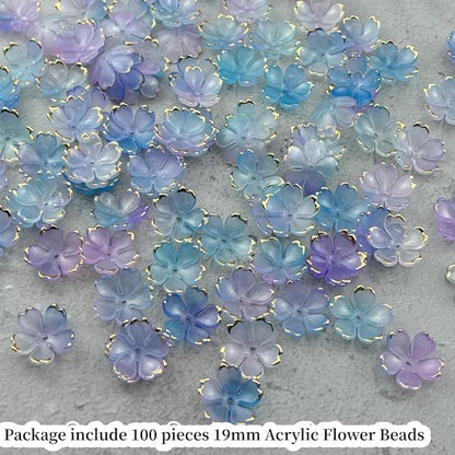 100pcs Acrylic Flower Beads, 19mm Cherry Blossom Plastic Gradient Flower Spacer Beads for DIY Crafts Bracelet Necklace Earrings Jewelry Making(Blue Purple)