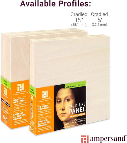 Ampersand Art Supply Unprimed Basswood Artist Panel, 7/8" Cradled Profile, 6"x12"