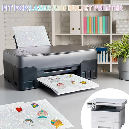 20 Sheets Holographic Sticker Paper,8.5x11 Inch Clear Printable Vinyl Sticker Papers,Self-Adhesive Waterproof for Inkjet/Laser Printer（Clear Dots）