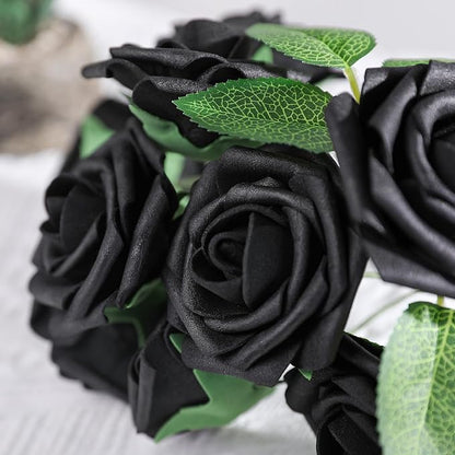 AmyHomie Artificial Flowers Black Rose 25pcs Real Looking Fake Roses w/Stem for DIY Wedding Bouquets Centerpieces Arrangements Party Baby Shower Home Decorations