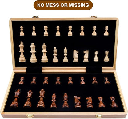 Gothink Magnetic Wooden Chess Board Set with Manual for Adults Kids 15 Inch Chess Puzzle with 32 Wood Handmade Pieces Folding Portable Travel Unique Chess Game for Tournament Professional Beginner