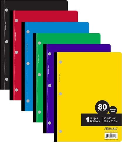 BAZIC Notebook College Ruled 1 Subject 80 Sheets Wireless Notebooks, Lined Composition Book, Assorted Color, 1 Unit, Random Color