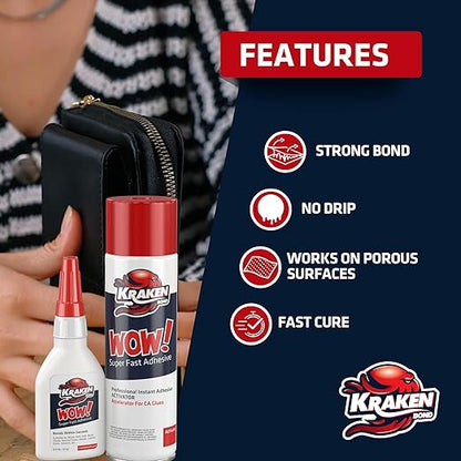 Kraken Bond Wow! CA Glue Set (4x3.5 oz) with Activator (2x13.5 oz) –Super Fast Cyanoacrylate Adhesive Kit for Wood, Plastic, Ceramic, Craft -DIY Repair –4 X Ext. Bottles & 10X Nozzles Inc. 2 Pack