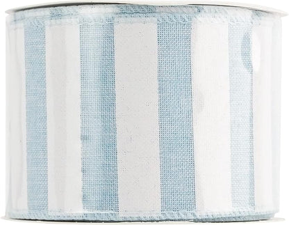 MEEDEE Blue White Stripe Ribbon 2.5 Inch Light Blue Wired Ribbon for Baby Boy Wreath, Baby Shower Elephant Wreath Diaper Cake Supplies, 10 Yards
