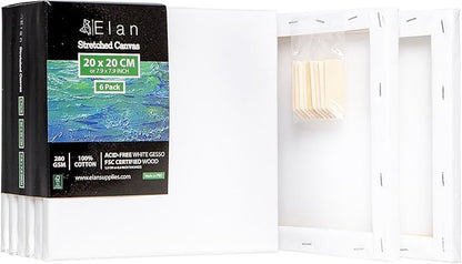 Elan Stretched Canvases 8x8, 6-Pack Canvases for Painting, Painting Canvas Bulk, Stretched Canvas for Adults Blank Canvas for Painting Painting Canvases, Paint Canvases for Painting, Art Canvas