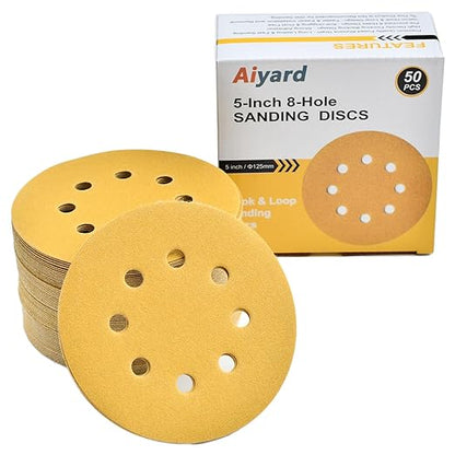 5-Inch 8-Hole Hook and Loop Sanding Discs 180-Grit Random Orbit Sandpaper, 50-Pack