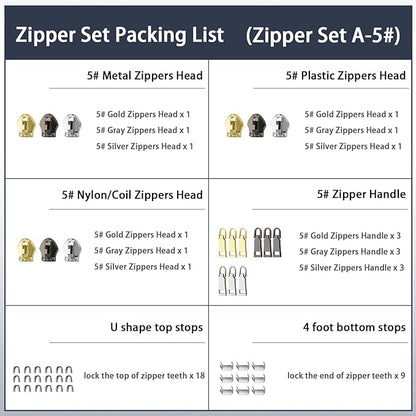 VICHERIA Zipper Repair Kit (45 Pcs), Universal Size #5 Zippers for Sewing, Replacement Slider Pull Fix Kit for Jackets, Coat, Boot, Backpack, Purse