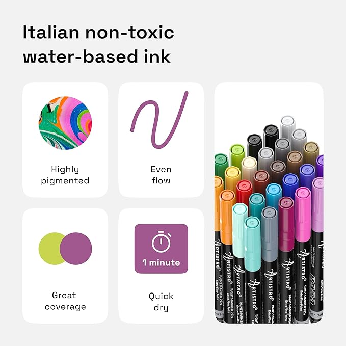 ARTISTRO 30 Acrylic Paint Pens, Art Set Acrylic Paint Markers, Fabric Markers for Textile, Canvas, Rock, Glass, Wood, Paper, DIY, for Kids and Adults, Extra Fine