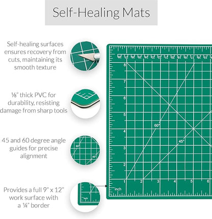 WA Portman Self Healing Cutting Mat & Rotary Cutter Set – 45mm Rotary Cutter for Fabric with 5 Extra Blades with 9x12 Fabric Cutting Mats for Crafts & 6x12 Acrylic Quilting Rulers – 3pc Sewing Kit