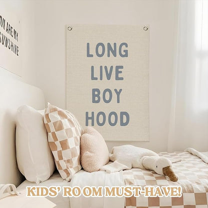 Blue Long Live Boyhood Linen Canvas Banner,Boy Room Decor,Nursery Playroom Wall Decor For Boys Bedroom Toddler Decorations Teen Boy Room Decor Wall Hanging Flag Banner 18x25 Inch