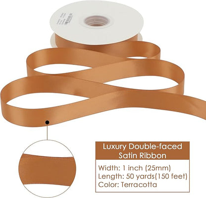 HUIHUANG Terracotta Satin Ribbon 1 Double-Faced Satin Ribbon 50 Yards Terracotta Silk Wedding Ribbon for Gift Wrapping, Flower Bouquet, Invitations, Holiday Decor, Hairs, Bows Making