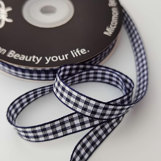 Blue Gingham Woven Edge Ribbon 25 Yards Per Spool,Dark Blue Checked Crafts 3/8 Inch Wide (3/8", Navy)