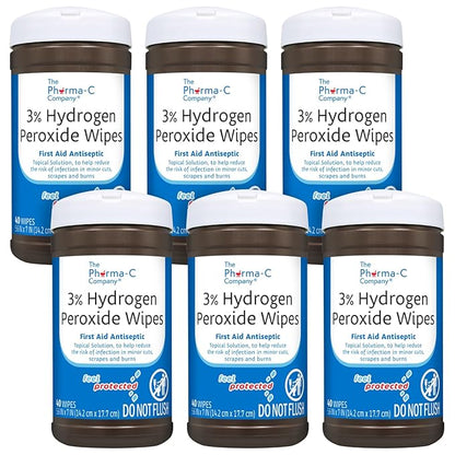 The Pharma-C Company - 3% Hydrogen Peroxide Wipes [6 pack - 40ct canisters] - First Aid. H202 Skin Safe Antiseptic Wound Cleaner.