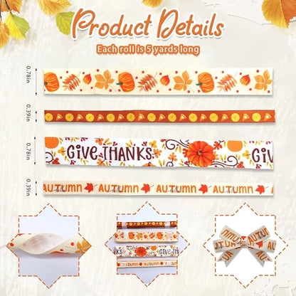 4 PCS Thanksgiving Fall Ribbons Pumpkin Leaves Printed Grosgrain Ribbons White Orange Ribbon Hello Autumn Craft Ribbons for Gift Wrapping Fall Thanksgiving Decor (20 Yards, 0.78''&0.39'')