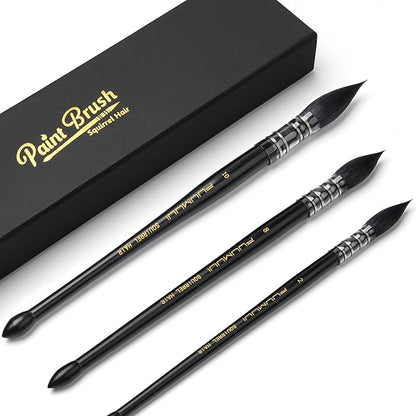 3PCS Squirrel Hair Watercolor Brushes, Fuumuui Professional Mop Round Quill Detail Fine Tip Watercolor Paint Brush Set for Water Color Gouache Ink Painting - Sizes #2, 8, 10
