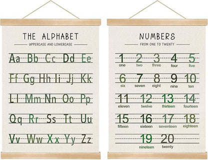 Alphabet and Numbers Wall Chart Set of 2 ,Kids Educational Posters,ABC and 1-20 Number Learning Banners for Toddlers, Preschool Classroom, Homeschool, Nursery, Playroom Decor 14 x 18.5 Inch(Green)