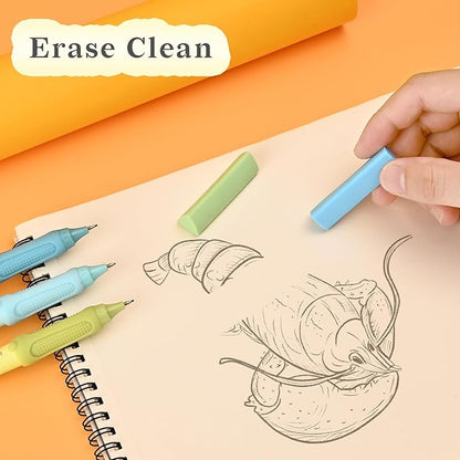Temiary Cute Mechanical Pencil Set with Case, 6 Pcs Medium Point 0.9 mm Pencils with 2 Tubes HB Lead Refills, 4 Pcs Erasers for School Supplies Student Writing, Drafting Drawing Sketching (Morandi)
