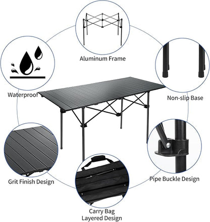 Camping Table 4Ft Folding Table Folding Picnic Aluminum Roll up Camp for Outdoor Beach Grill BBQ Travel Black