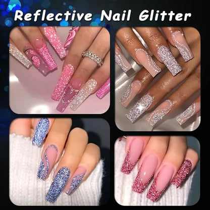 Reflective Glitter Powder Set, 8 Colors Holographic Sparkle Glitter Dust, Flash Diamond Silver Pink Red Purple Blue Shiny Sugar Dipping Pigment DIY Manicure Nail Art Decoration Crafts