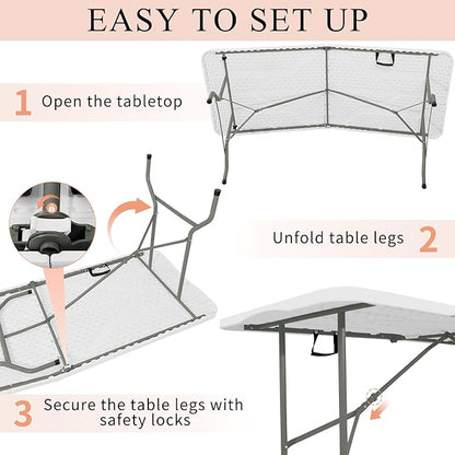 Set of 2 Folding Tables with Carrying Handle Lightweight Rectangular Portable Plastic Camping Table Steel Legs for Party, Dining, Wedding, Events, Picnic Indoor, Outdoor (6FT, White)