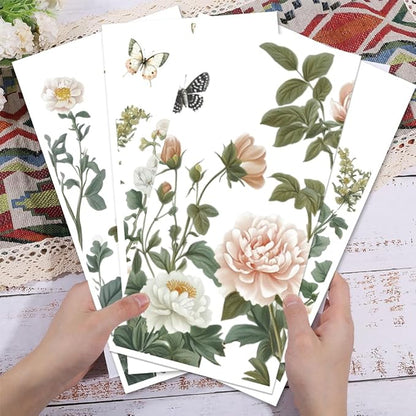 GLOBLELAND 4 Sheets Light Vintage Florals Furniture Transfer 11.8x5.9inch Butterflies Peonies Rub on Transfer Wildflowers UV Self-Adhesive Stickers Wall Art Craft for Bedroom Living Room Desk Table