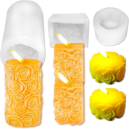 3PCS Rose Molds Silicone Candle Molds,Acxydm Valentine's Day Large Pillar Flower Silicone Mould 3D Candle Wax Molds Soap Mold,Rose Candle Making Mold for DIY Handmade