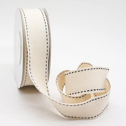 CT CRAFT LLC Ivory Cotton Black Stitched Ribbon 7/8" x 10 Yards for Home Décor Gift Present Wrapping DIY Crafts Birthday Wedding Bouquet Christmas