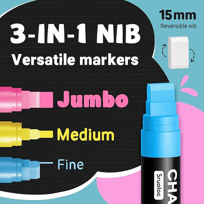 Window Chalk Markers for Glass Washable, 20 Colors Jumbo Liquid Chalk Marker with 15mm 3 in 1 Nib Thick Wide Tips, Big Chalkboard Markers, Car Paint Pen for Auto, Bistro, Mirror, Poster, Blackboards