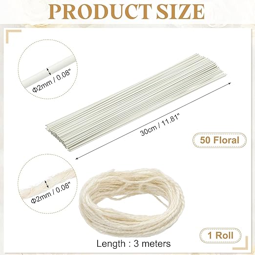 uxcell 50Pcs 2 Gauge Floral Wire, 11.81" Length Flower Stem Wires with 0.08" x 32.8ft Twine for Wreath Making, Flower Arrangement, White